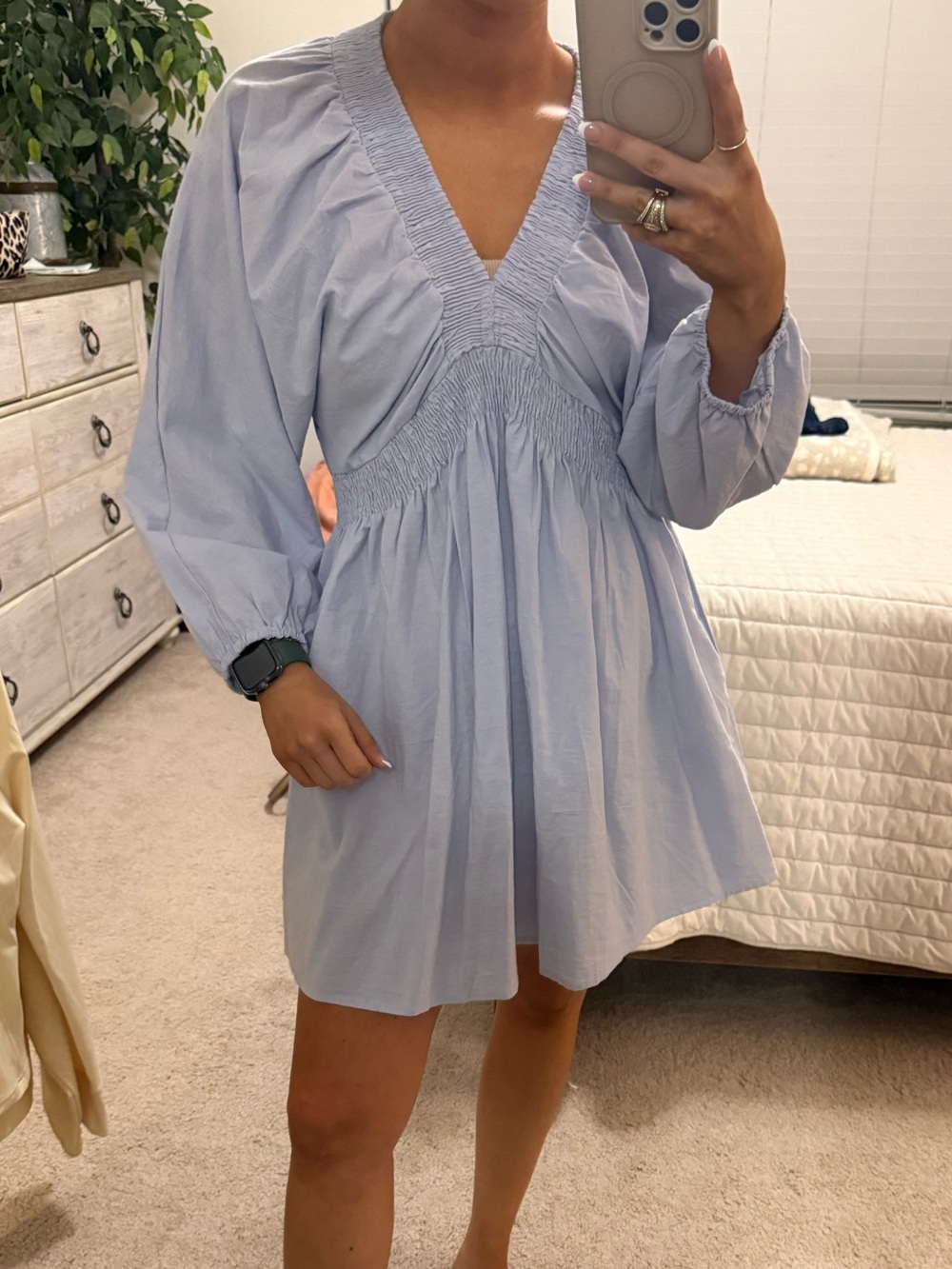 Light Blue V-Neck Smocked Waist Mini Dress